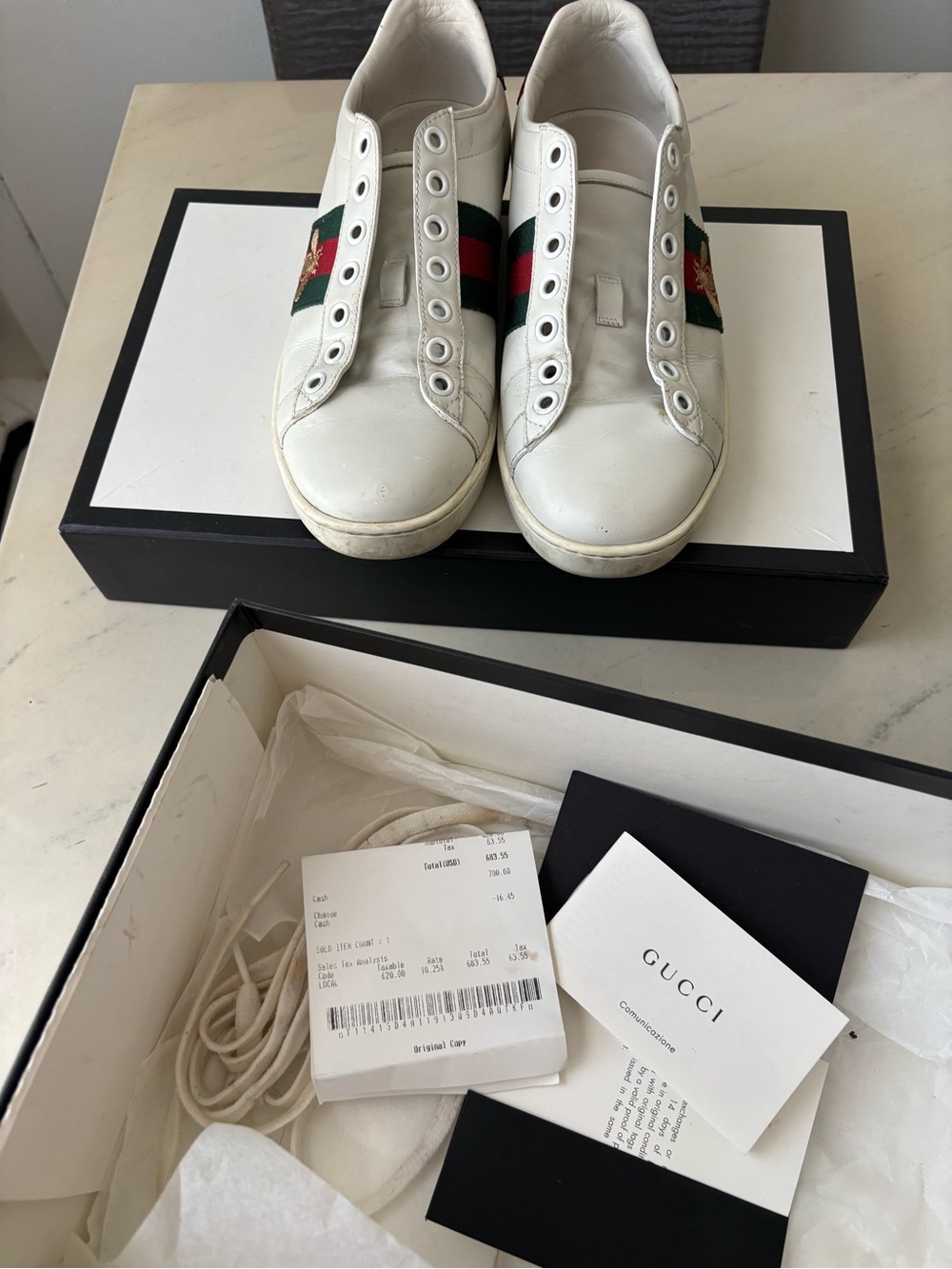 Gucci White Leather Ace Sneakers with Red & Green Web and Bee Embroidery - Picture 4 of 4